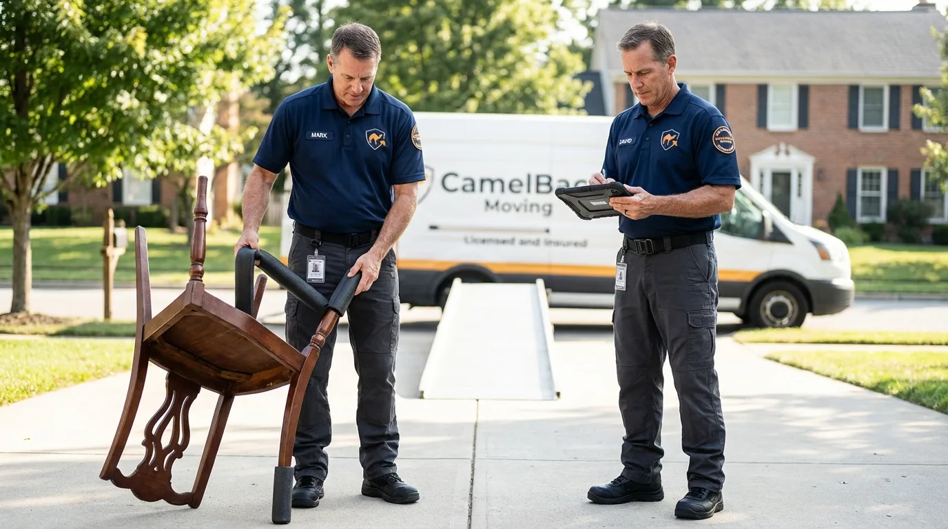 Movers inspecting furniture for damage prevention before loading in Walden, CO
