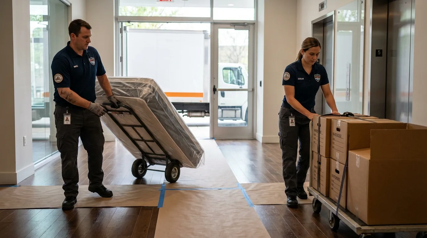 Professional apartment movers loading elevator in Walden, CO